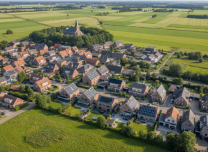 Luchtfoto van een Limburgse woonwijk met zonnepanelen als beeld bij duurzame energie