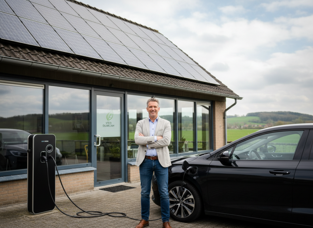 Limburgs mkb-bedrijfspand met zonnepanelen, laadpaal en ondernemer voor het pand