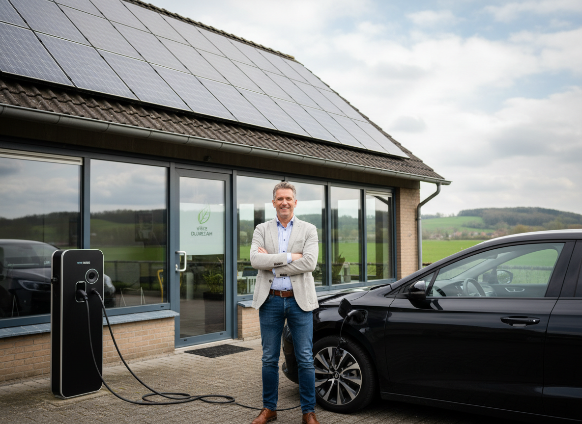 Limburgs mkb-bedrijfspand met zonnepanelen, laadpaal en ondernemer voor het pand